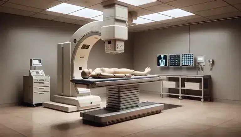 Sala de radiología con mesa de examen y maniquí, unidad de rayos X ajustable y panel de control, iluminación suave y tonos neutros.