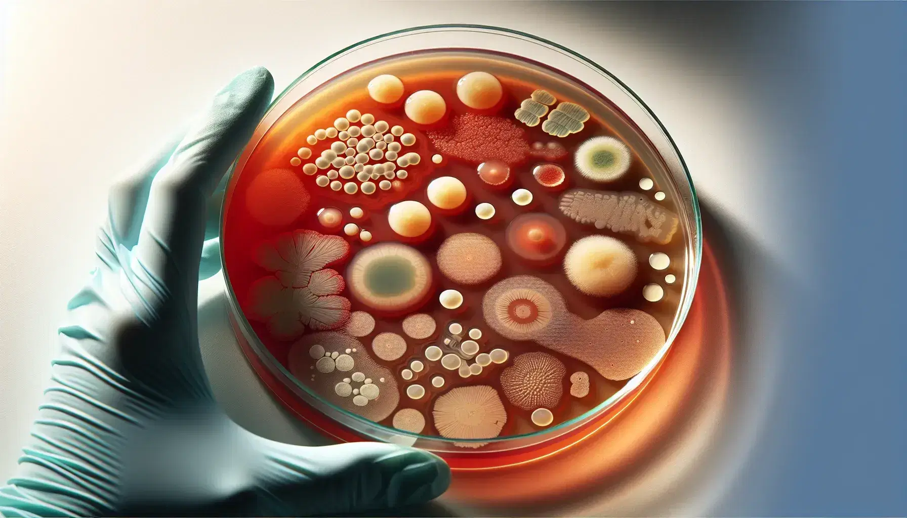 Plato de Petri con medio de cultivo agar rojizo y colonias de microorganismos variados, junto a guantes de látex azules en laboratorio.