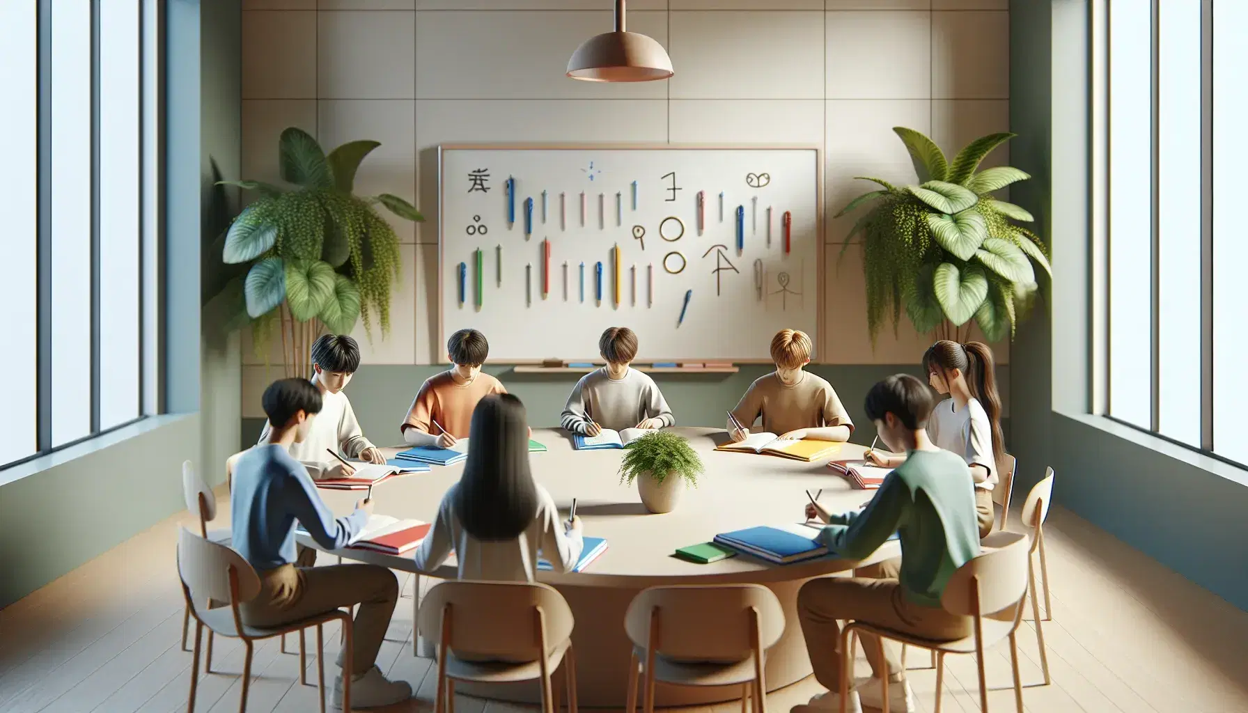 Diverse group of four students with open notebooks engaged in a study session at a round table in a bright, plant-adorned classroom.