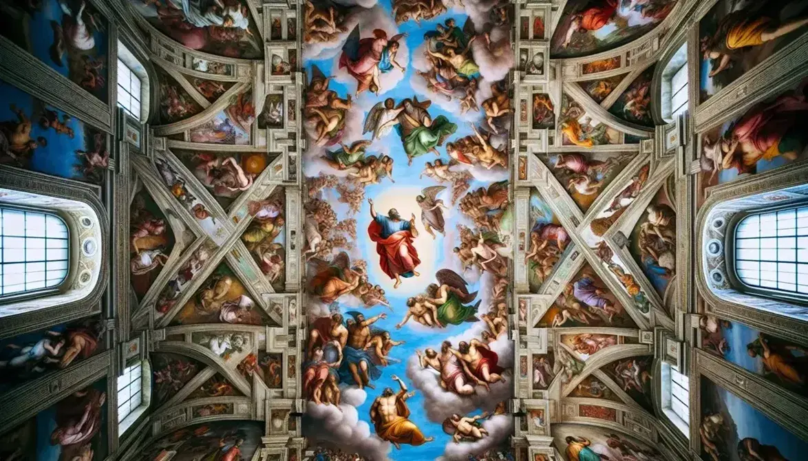 Affresco del Giudizio Universale di Michelangelo nella Cappella Sistina, con figure umane dettagliate in varie pose e colori vivaci.