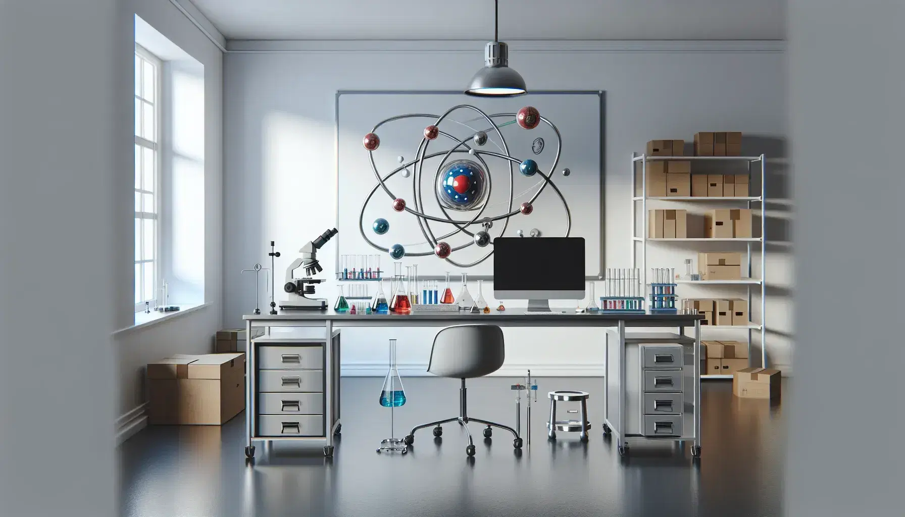 Laboratorio scientifico moderno con banco di lavoro metallico, strumenti come microscopi e pipette, modello 3D di atomo e pianta verde.