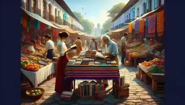 Mercado callejero latinoamericano con mujer y hombre leyendo libros en un puesto colorido, bajo un cielo azul con nubes dispersas.