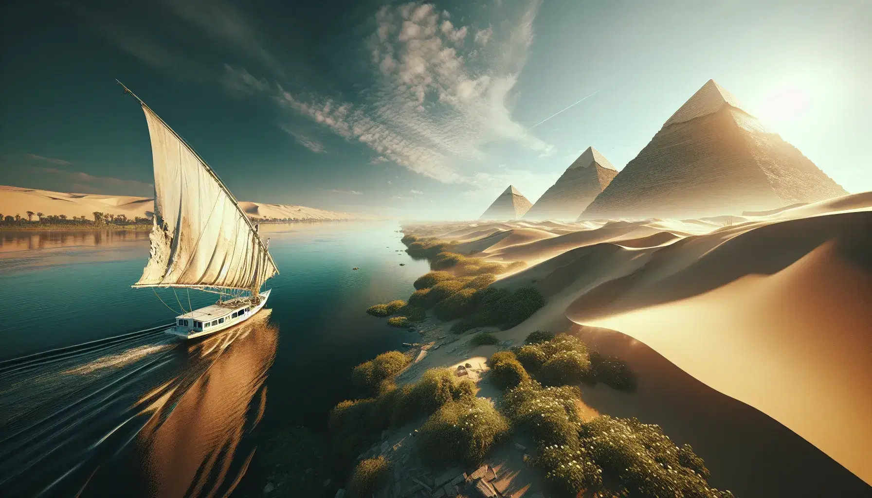 Vista panoramica del fiume Nilo con riflessi del cielo azzurro, vegetazione lussureggiante, deserto e piramidi in lontananza, veleggiata di una feluca.