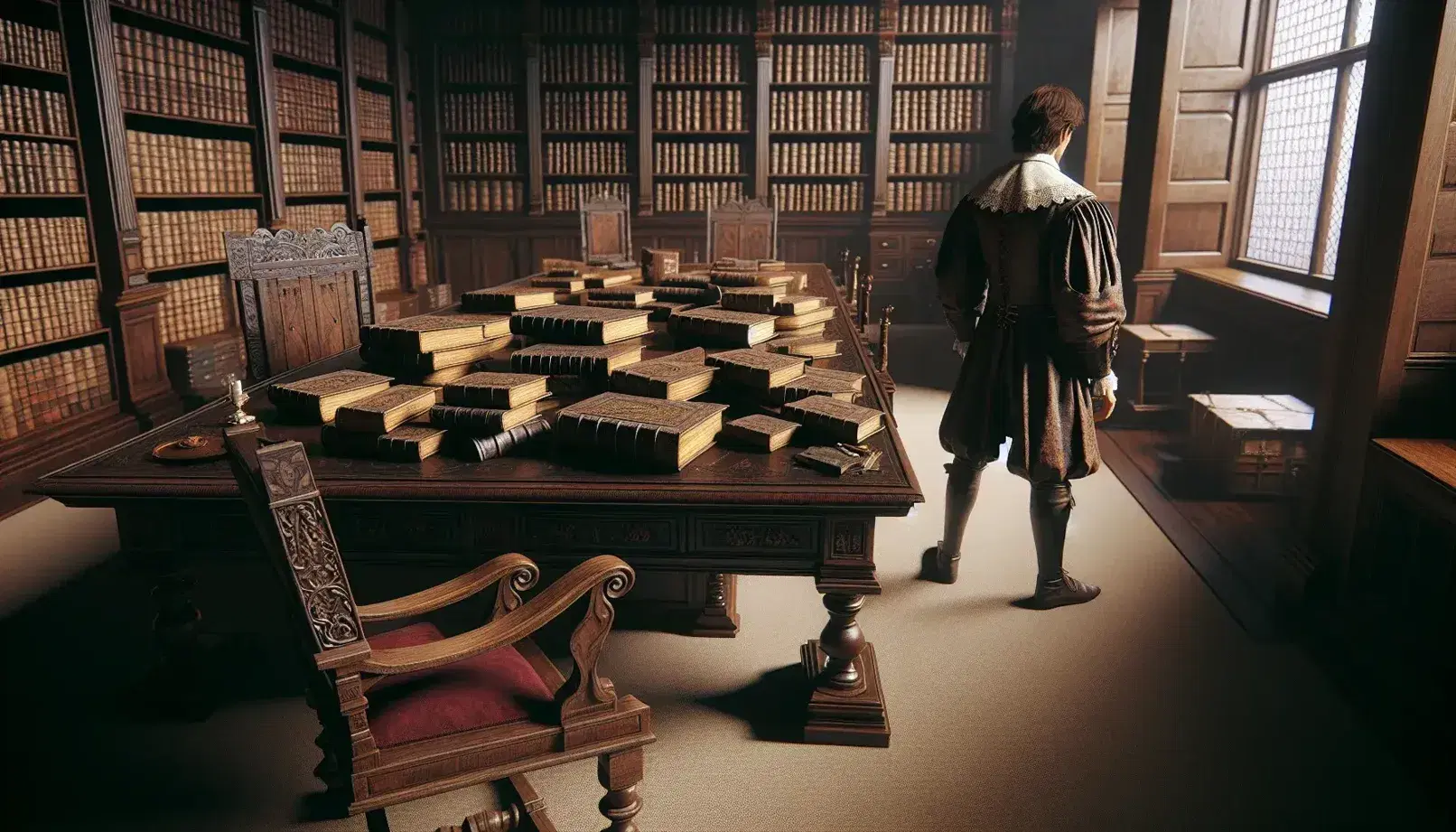 Escena de estudio clásico con mesa de madera oscura, libros antiguos, silla con cojín rojo y figura humana vestida al estilo del siglo XVII.