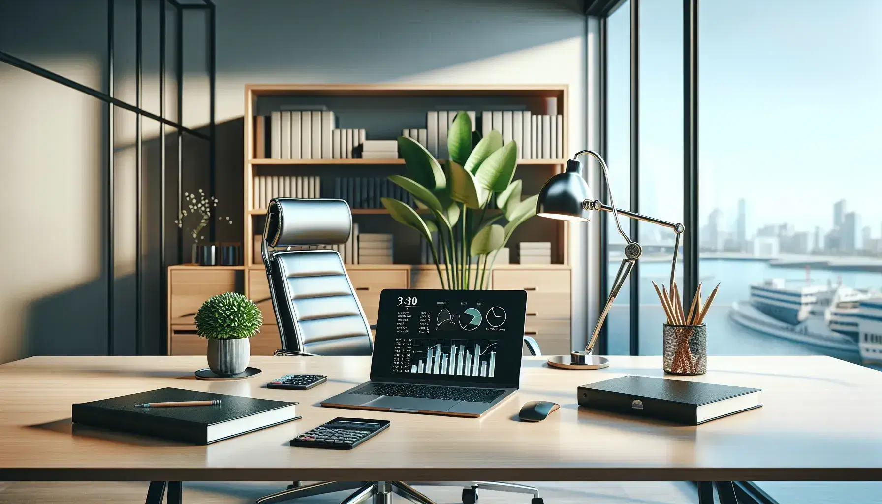 Oficina moderna y luminosa con mesa de madera, portátil con gráficos, calculadora, libreta y planta interior, silla ergonómica y estantería con carpetas.