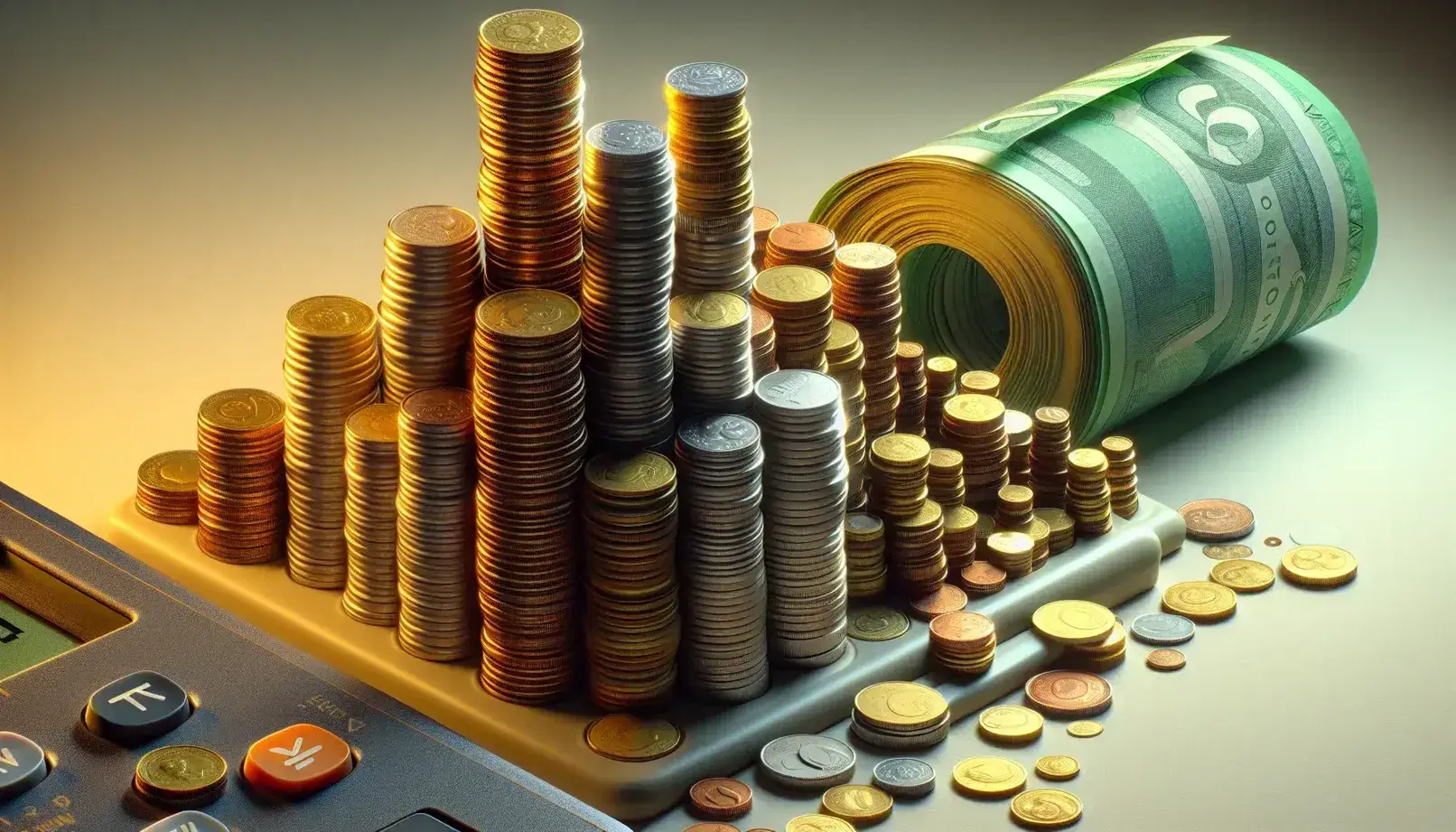Monedas de distintos tamaños y colores apiladas formando torres sobre superficie lisa con billete verde enrollado y calculadora apagada al lado.
