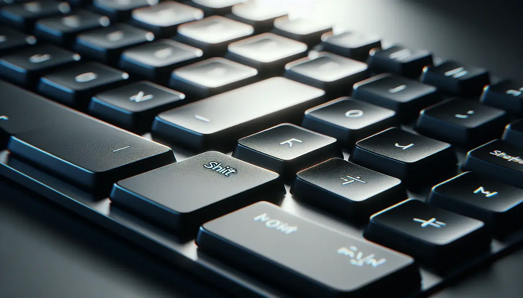 Teclado moderno de ordenador con teclas negras mate y letras blancas, destacando la tecla 'Shift' ligeramente elevada, sin símbolos legibles y reflejos sutiles de luz.