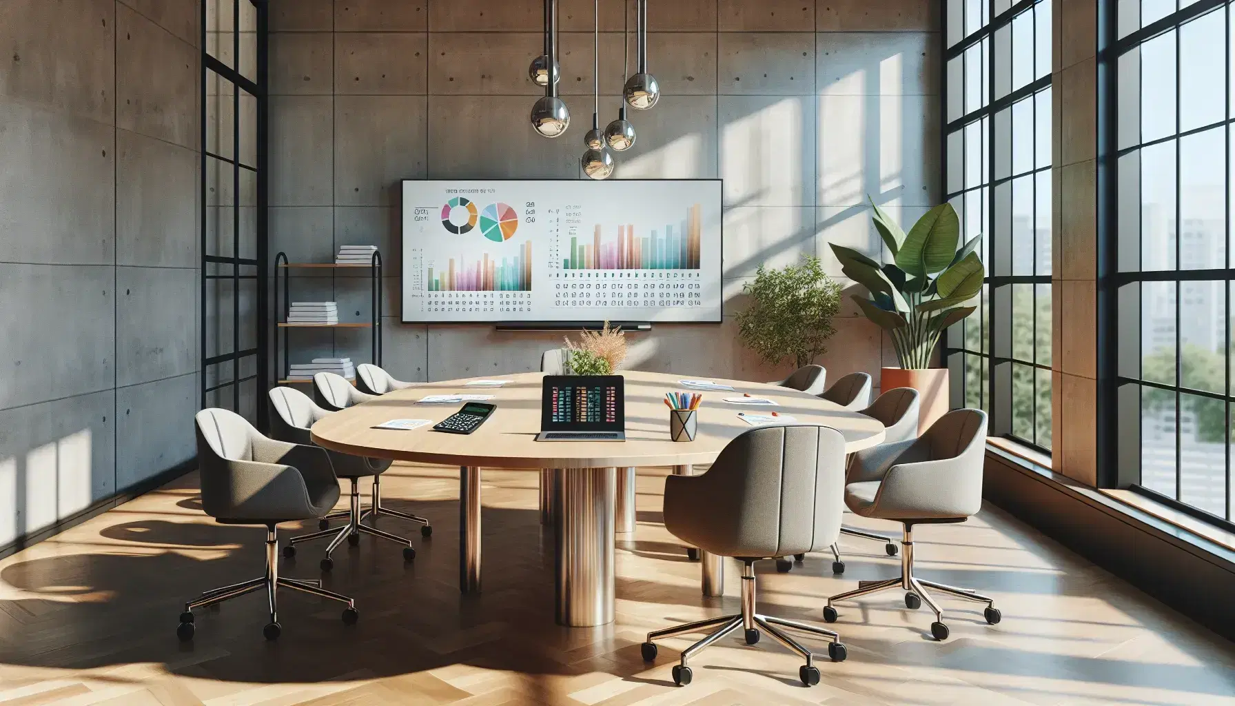Oficina moderna y luminosa con mesa de reuniones ovalada, sillas ergonómicas grises, portátil con gráficos de barras, calculadora y planta de interior.