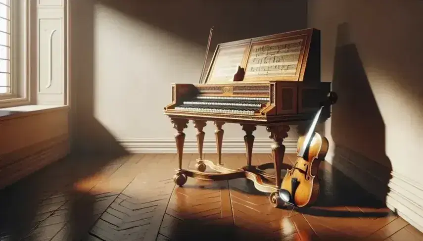 Clavicembalo barocco con gambe intagliate e finitura in legno chiaro, tastiera visibile, violino con archetto e foglio di musica vuoto su pavimento lucido.