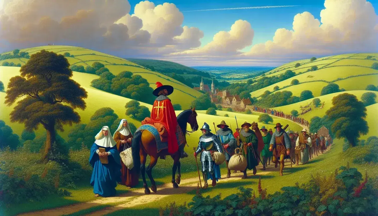 Medieval pilgrimage scene with diverse travelers on a lush green hillside path, led by a figure in a red cloak on horseback, near a quaint village.