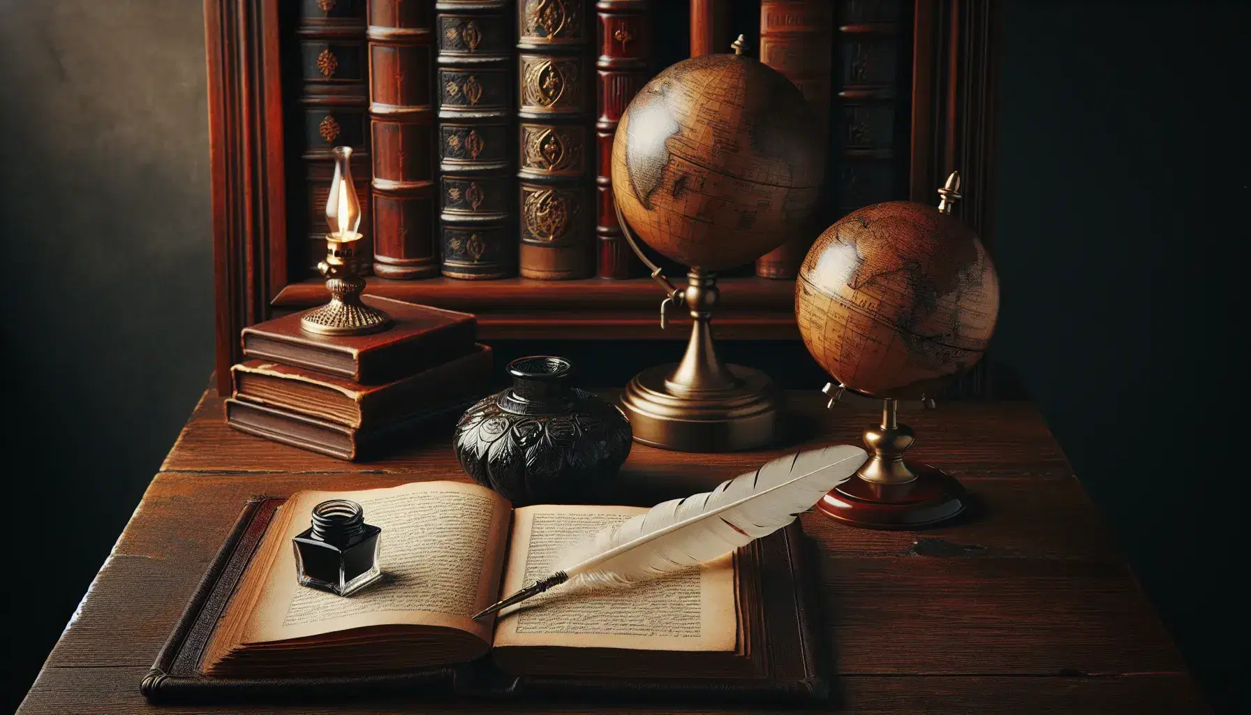 Scrivania antica in legno scuro con libro rilegato in pelle, calamaio in ceramica e piuma, globo e lampada a olio, sfondo di scaffali con libri.
