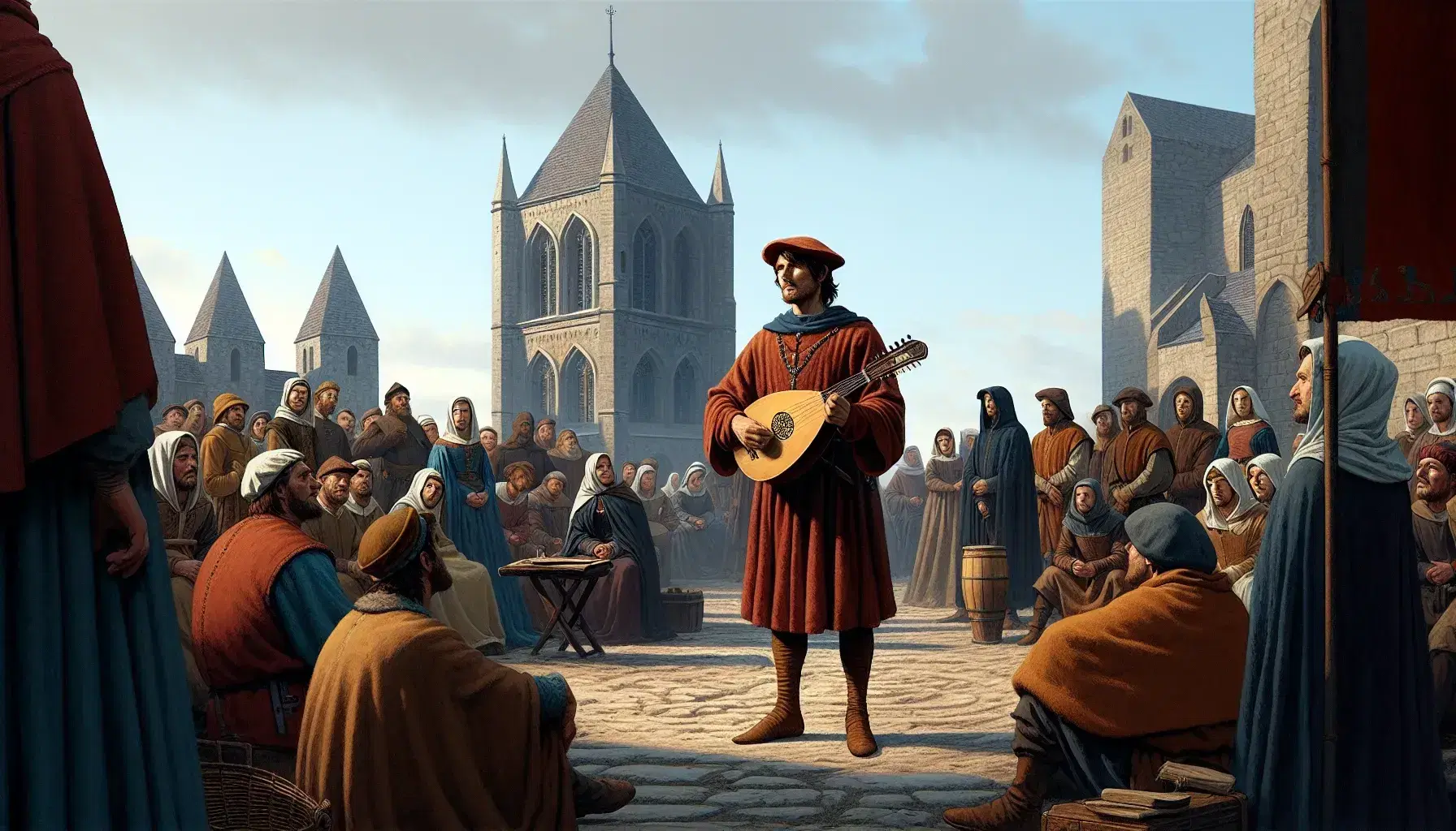 Grupo de personas en atuendos medievales escuchando a un hombre con laúd en una plaza con iglesia de fondo en día soleado.