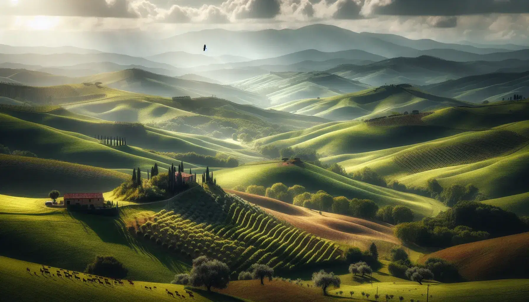 Colline verdi con filari di viti, alberi misti in lontananza, cervi al pascolo e case rurali sparse sotto un cielo parzialmente nuvoloso.