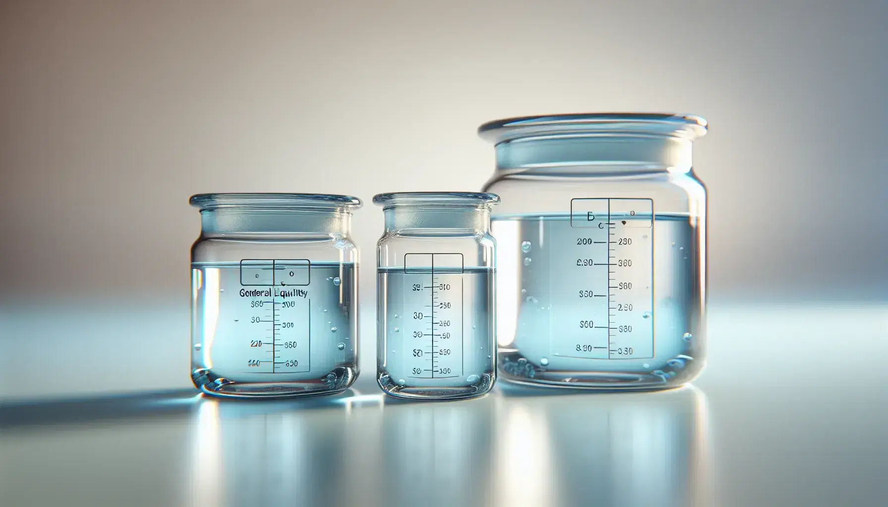 Tres frascos de vidrio transparentes con líquido azul claro en superficie lisa, representando liquidez general, prueba ácida y prueba defensiva en orden decreciente de cantidad.