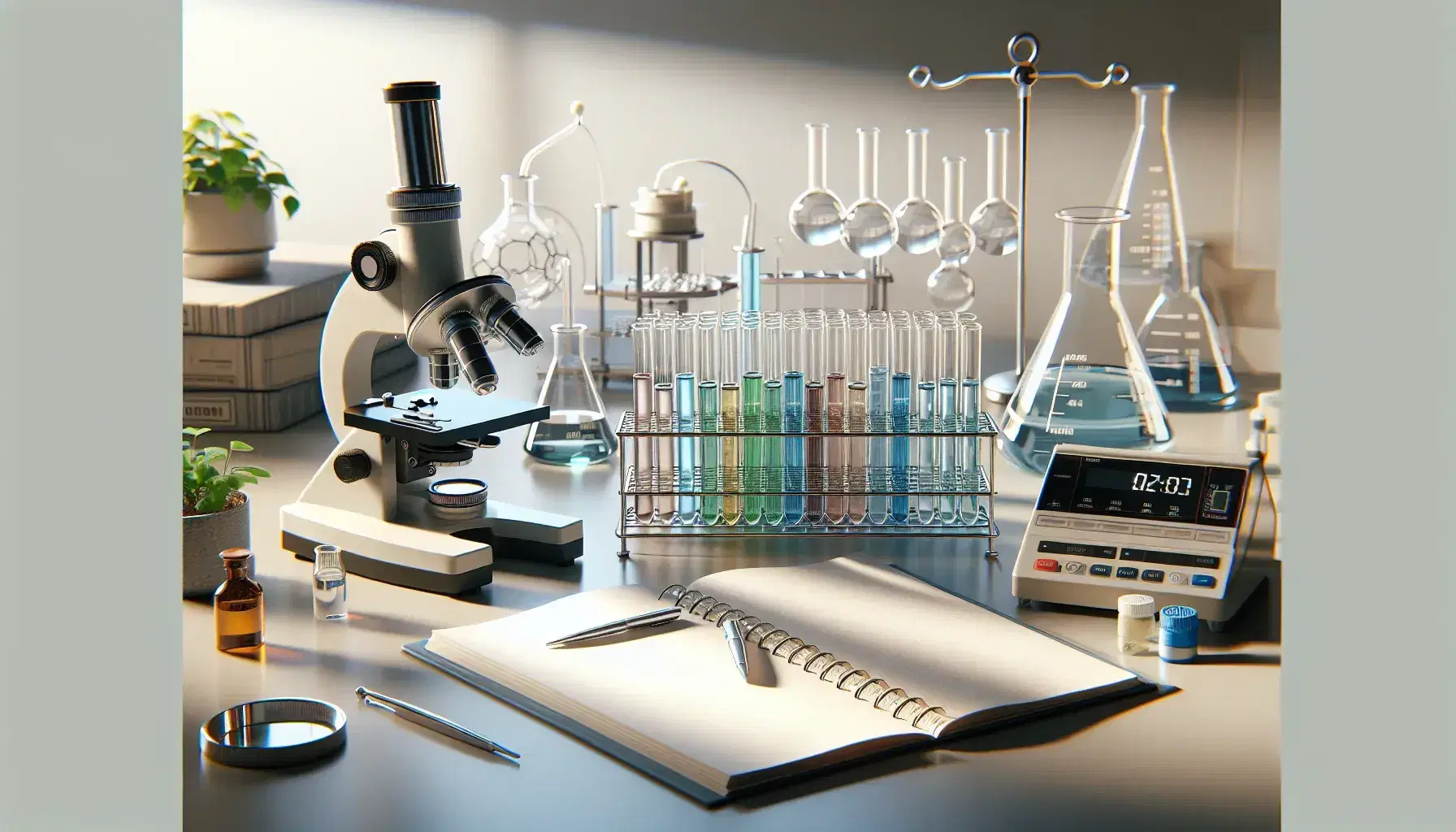 Laboratorio de biología con microscopio compuesto, tubos de ensayo con líquidos de colores, matraz Erlenmeyer y balanza analítica.