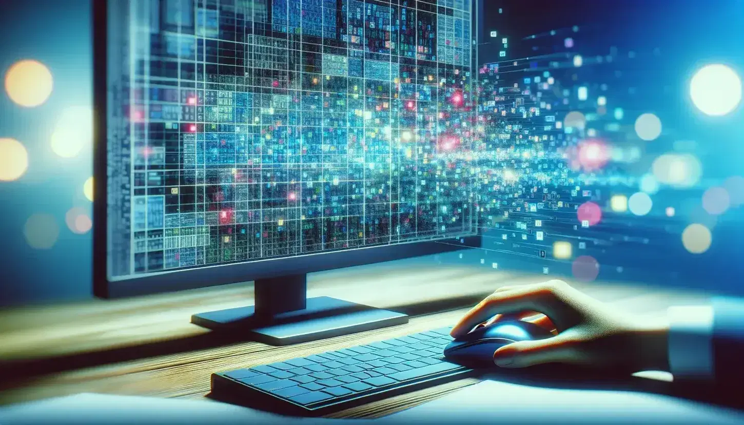 Close-up of a computer monitor with structured data in blurry colored cells, keyboard and mouse with hand ready to click, cold tones.