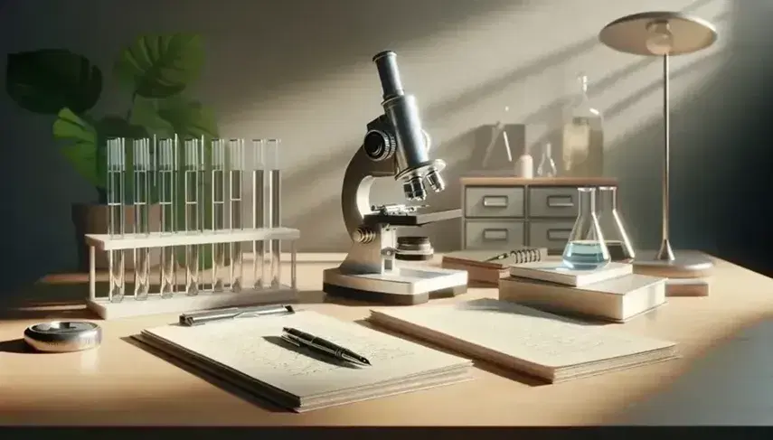 Mesa de trabajo de madera clara con papeles, microscopio metálico, tubos de ensayo con líquidos azul y amarillo, pluma fuente y libreta abierta, planta verde al fondo.