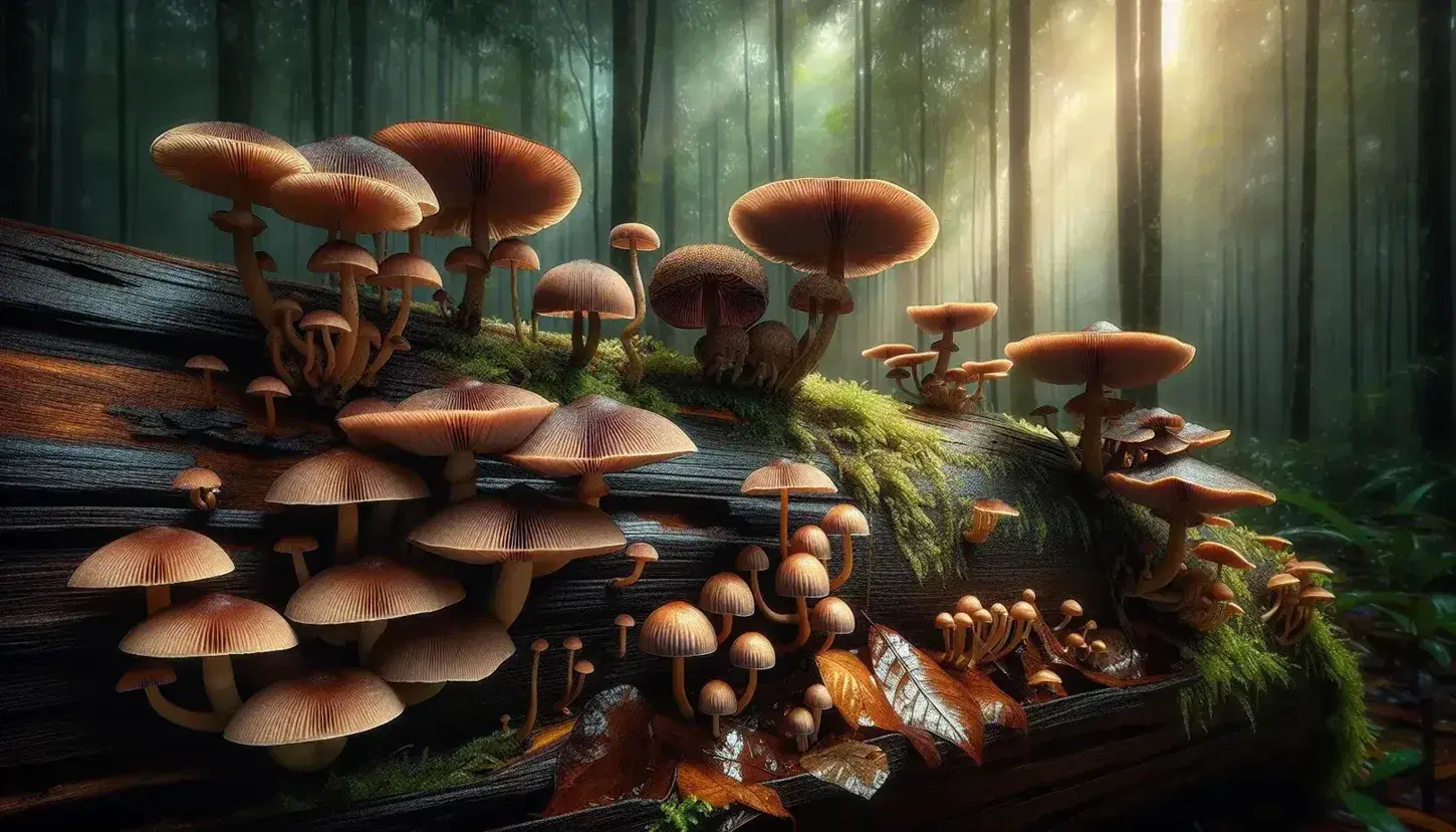 Tronco caduto in foresta umida con funghi a ombrello marroni e gialli, funghi convessi crema e cilindrici marroni, sfondo di alberi sfocati.