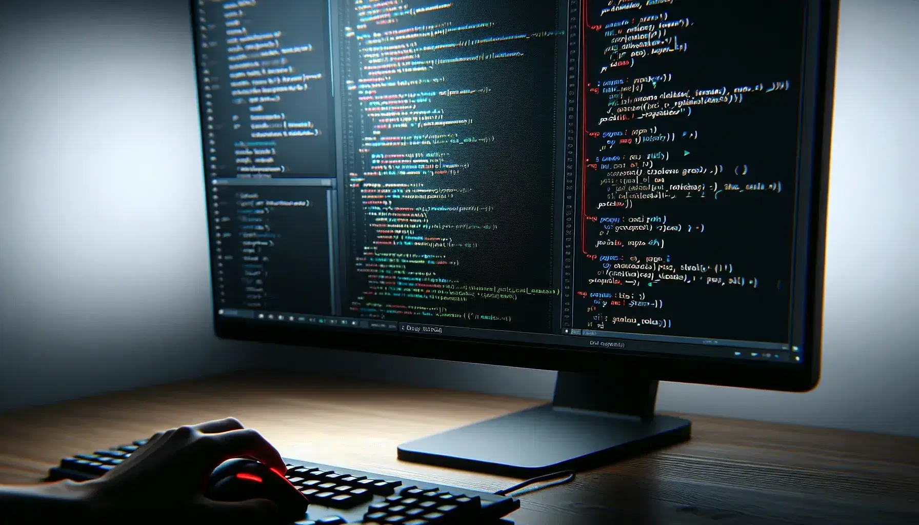 Close-up of a monitor with Python code highlighted, red breakpoint active and hand on mouse, in a work environment with soft lighting.