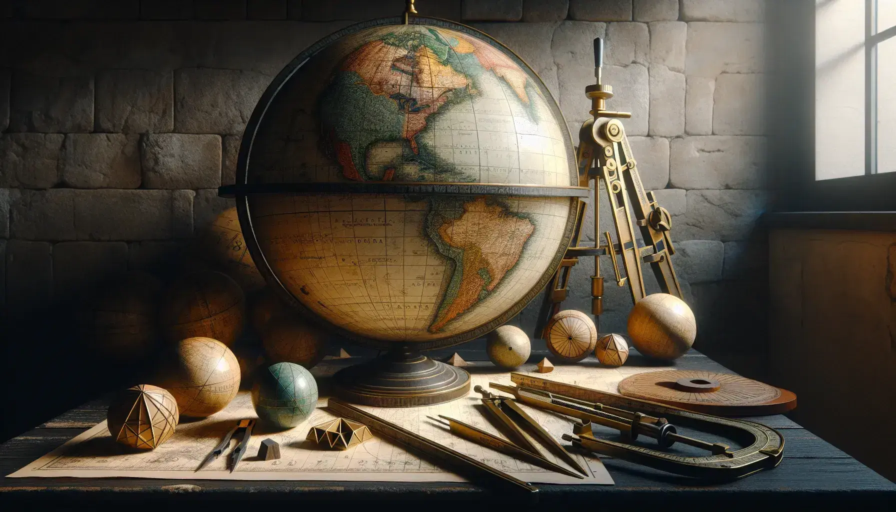 Mappamondo dettagliato su tavolo in legno con strumenti antichi di cartografia e figure geometriche, sfondo in pietra e ombre morbide.