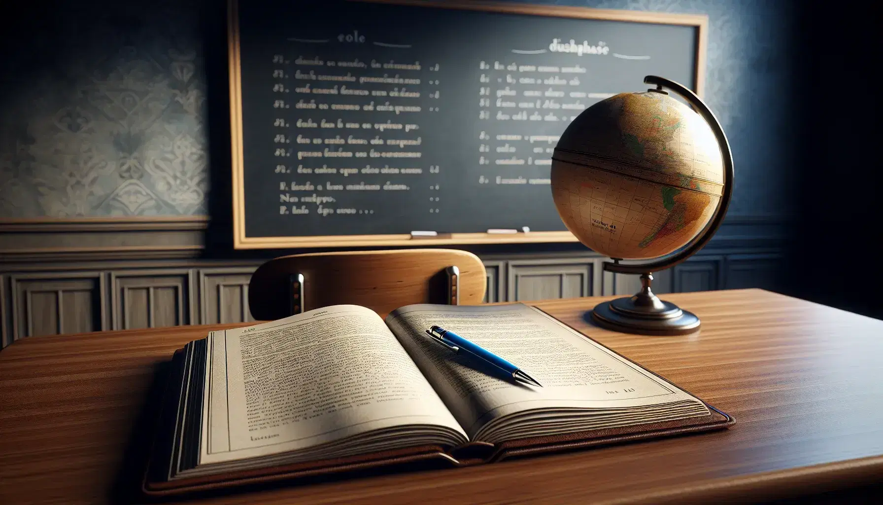 Serene French language classroom with an open textbook, blue pen on a polished wooden desk, unmarked blackboard, globe, and a teacher's chair with a red cushion.