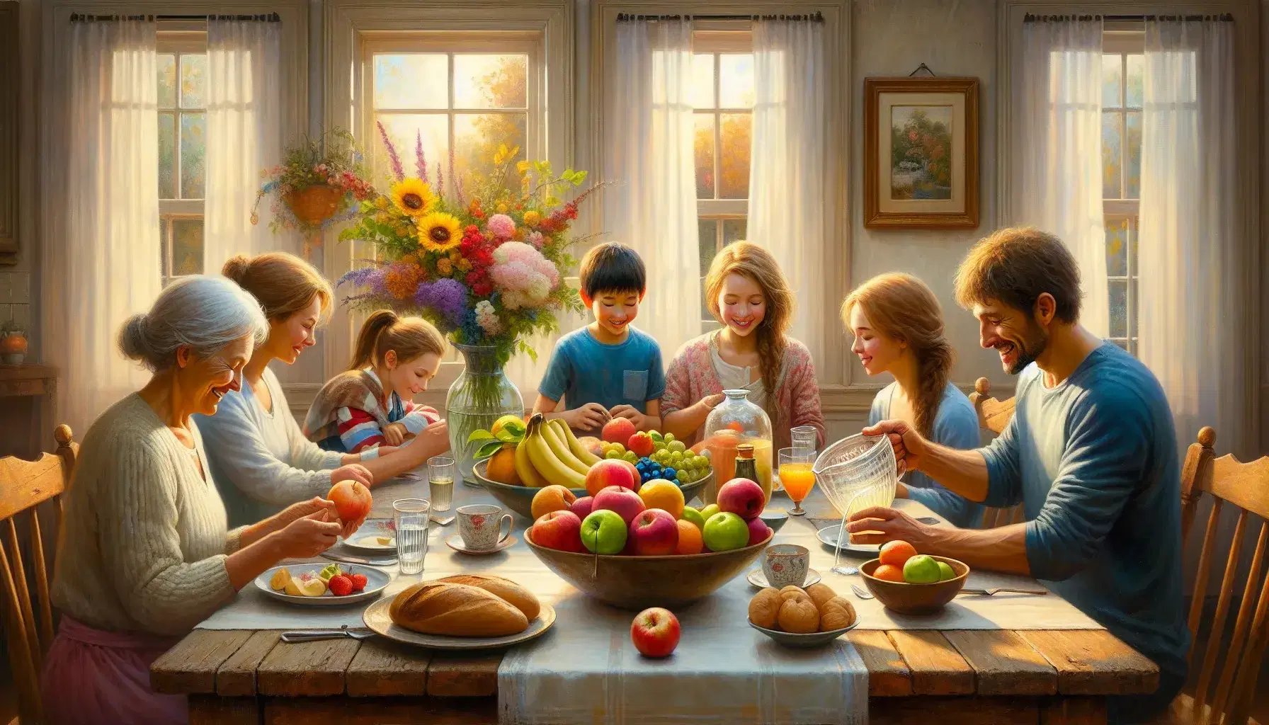 Familia disfrutando de una comida juntos alrededor de una mesa con frutas y flores, en un ambiente hogareño iluminado por luz natural.