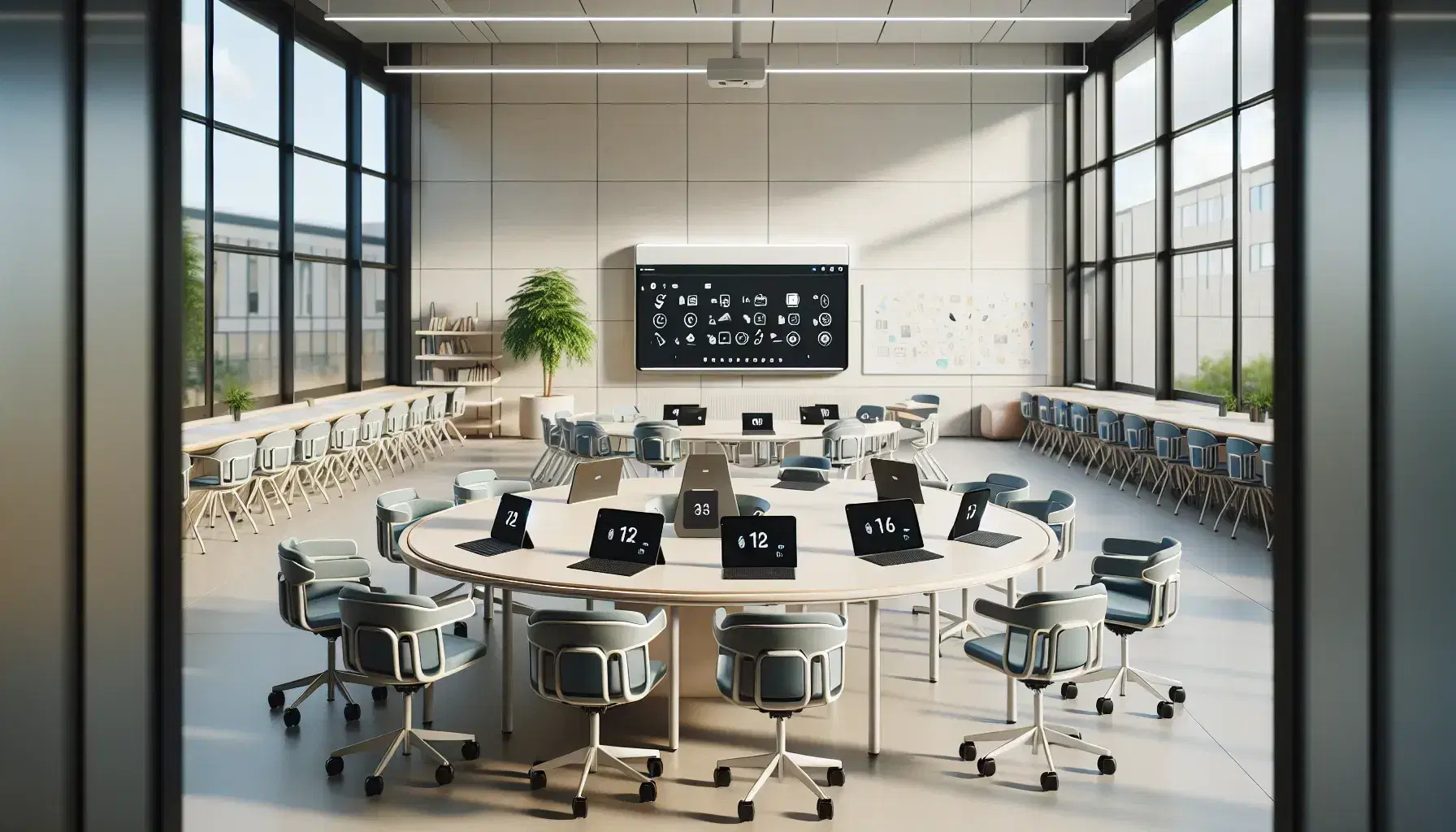 Aula scolastica moderna con tavolo ovale, sedie ergonomiche blu, laptop, tablet e lavagna interattiva, illuminata da finestre alte.