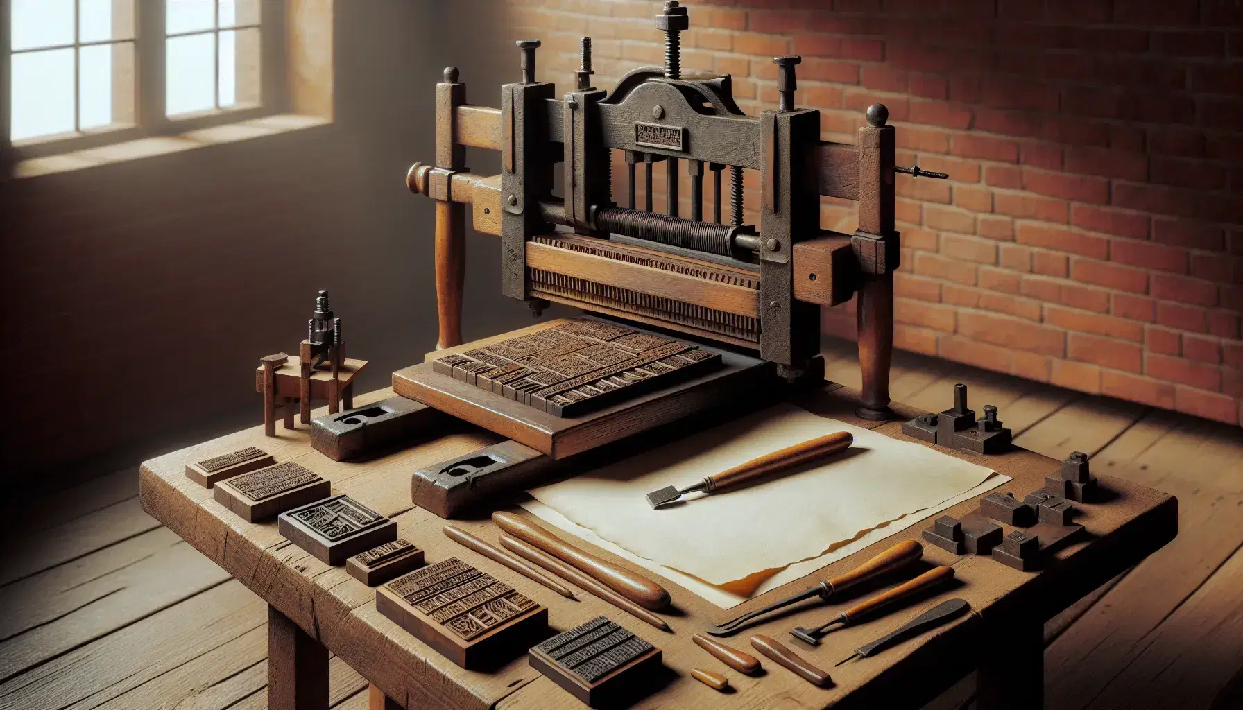 Stampa antica in legno con vite centrale, tavolo da lavoro con strumenti di incisione e blocchi di legno su sfondo di mattoni rossi.