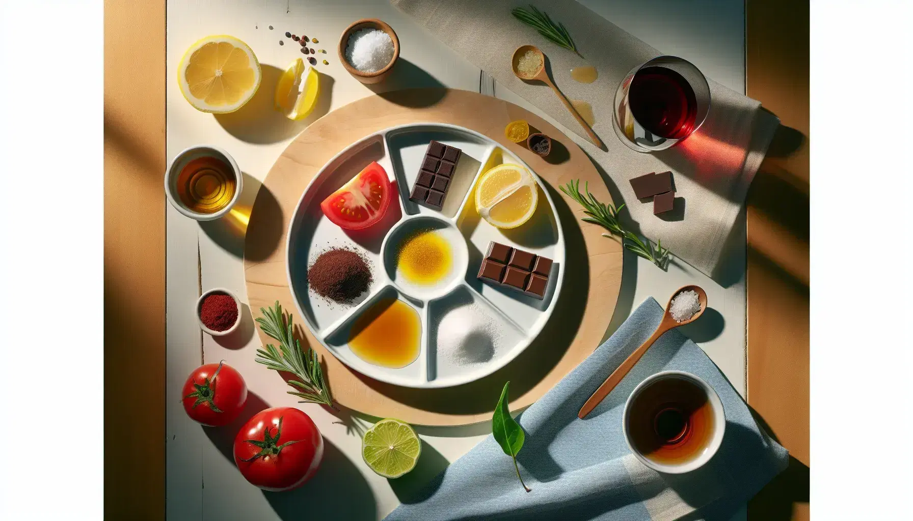 Mesa de madera clara con plato dividido en cinco secciones con alimentos que representan los sabores básicos: limón, chocolate, miel, tomate y sal, acompañados de vino, romero y café.