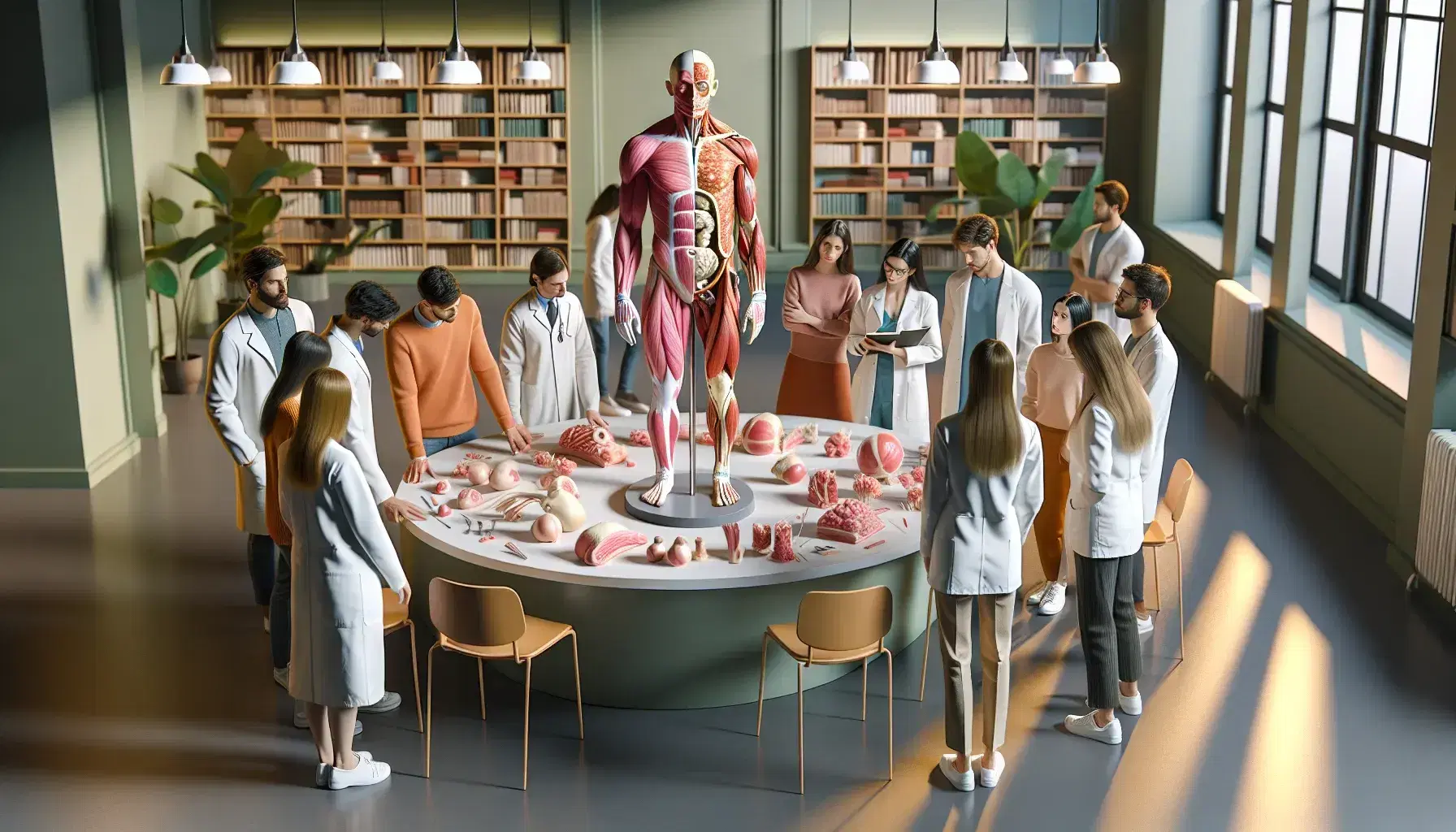 Grupo diverso de personas analizando modelo anatómico humano en una reunión educativa, rodeados de estanterías con libros y plantas.