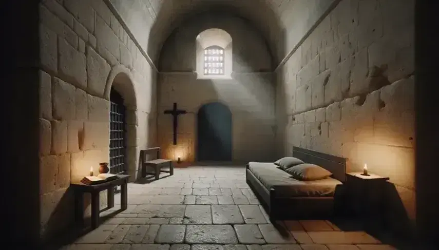 Cella monastica antica con letto di legno, croce, inginocchiatoio e finestra con sbarre, atmosfera di meditazione.