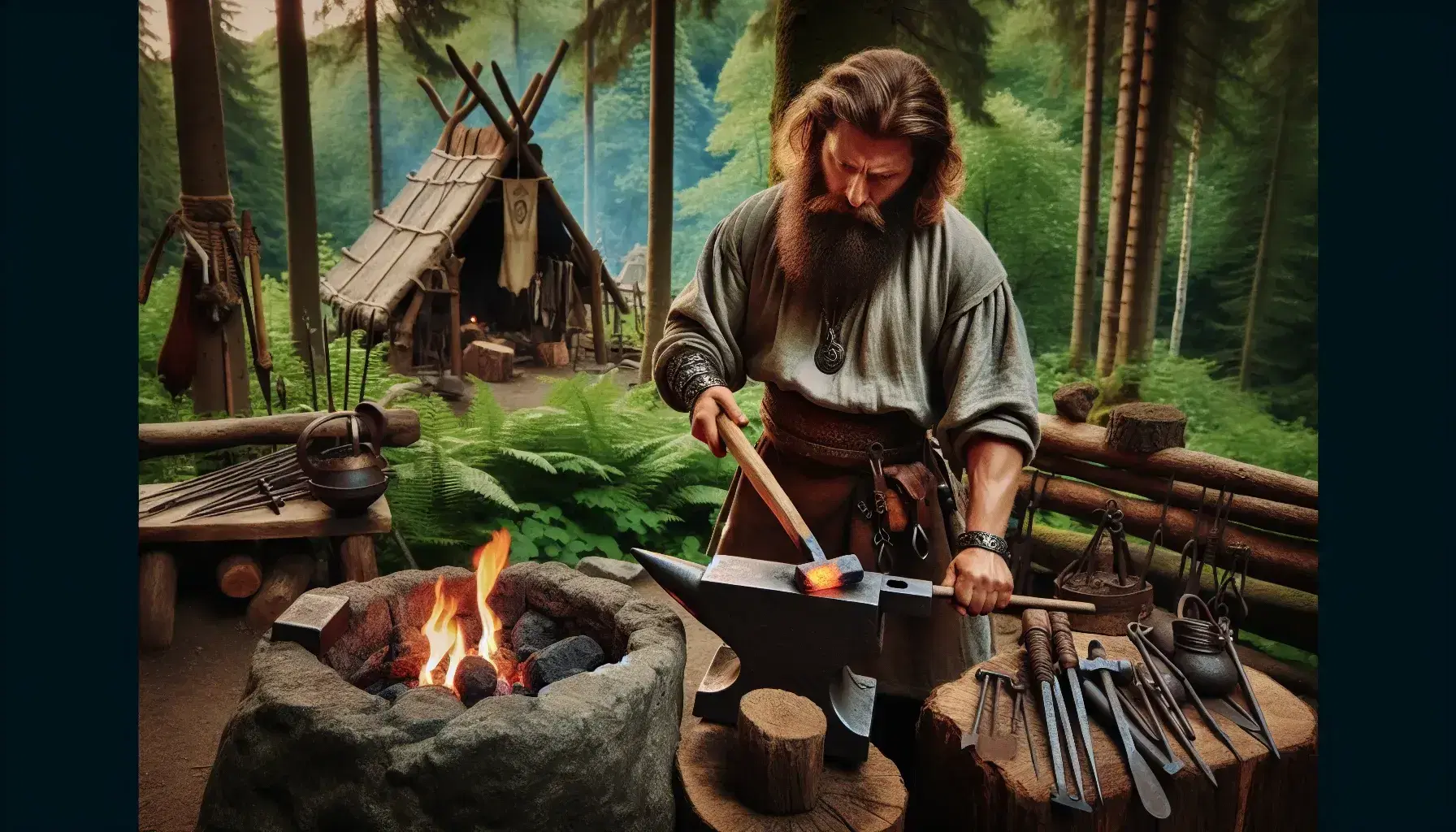Viking-era blacksmith works in a forest forge, using tongs on hot metal by a charcoal fire, with an anvil, tools, and a bellows nearby, under a canopy of green foliage.