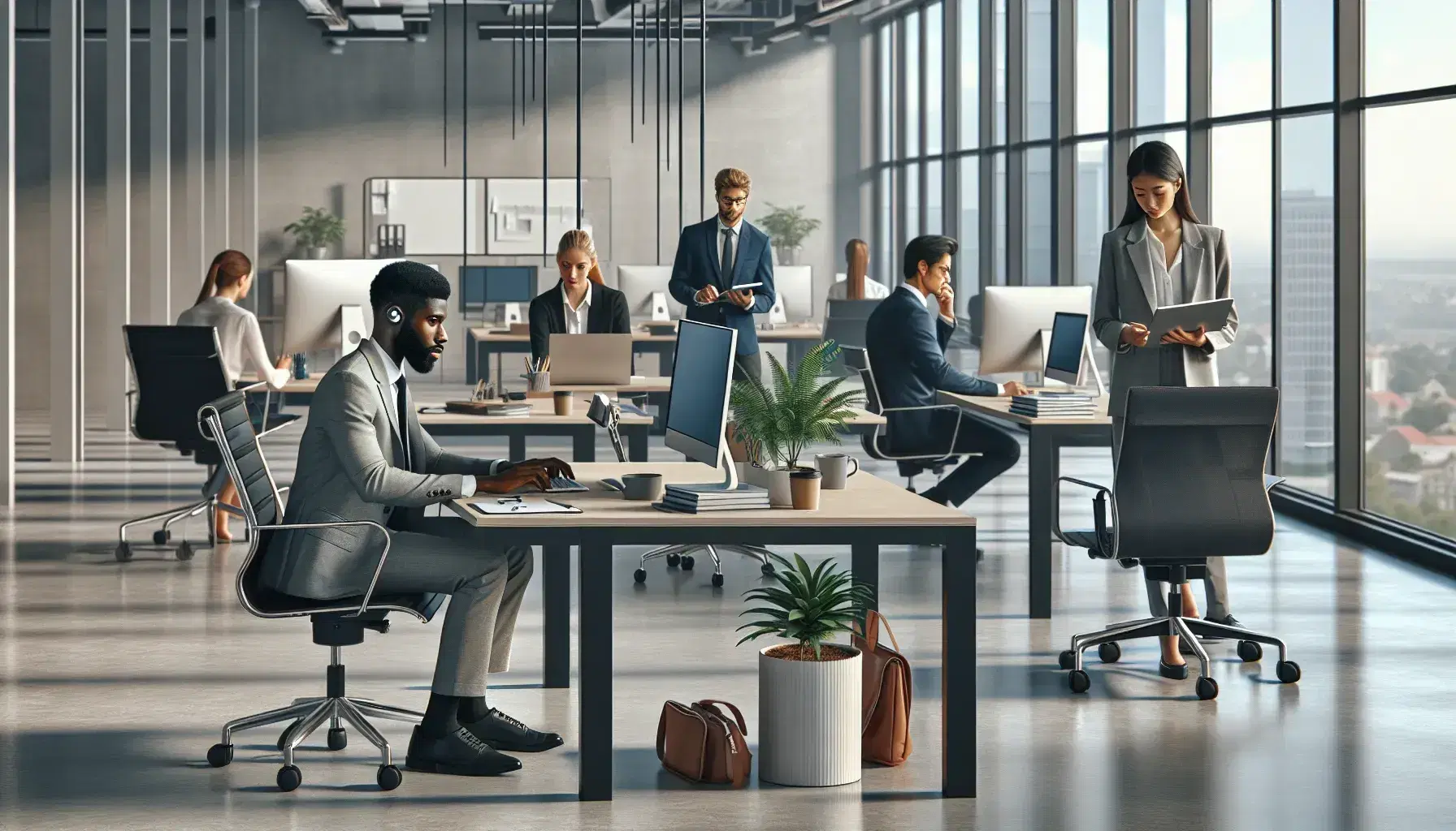 Diverse team working in a bright, modern office with one man at a computer, two colleagues discussing by a whiteboard, and a woman with headphones at a table.