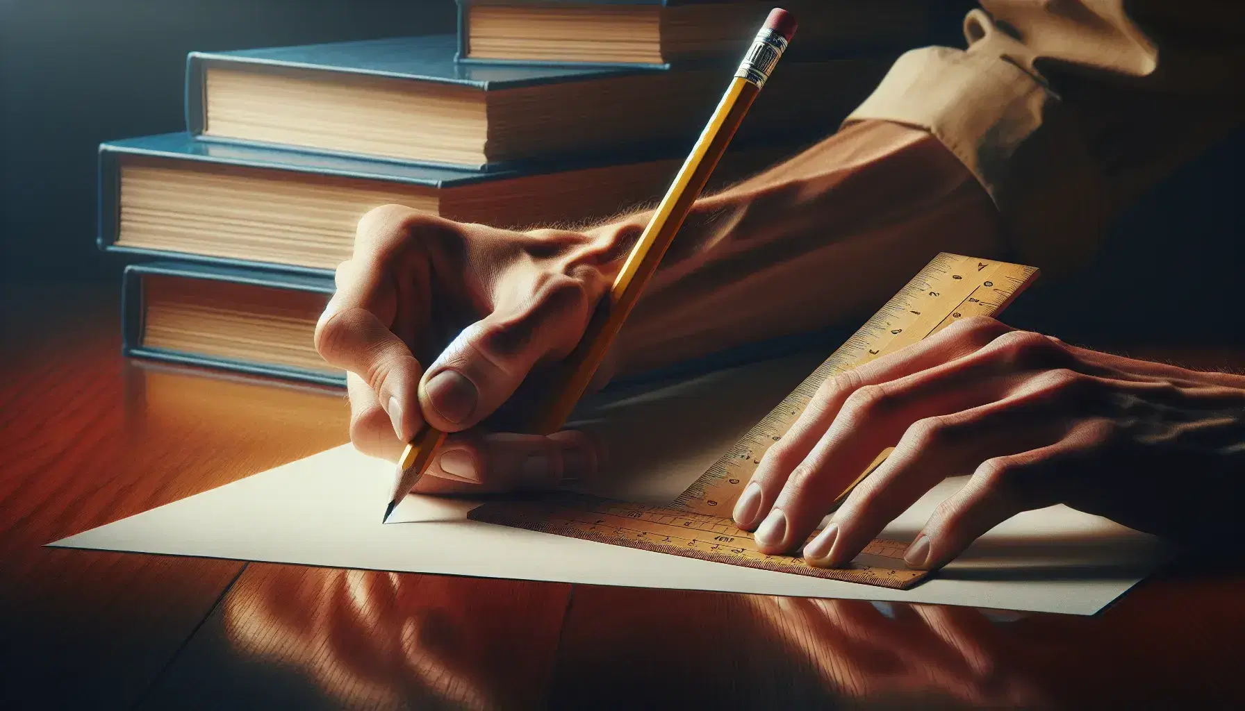 Hands holding pencil and ruler on white sheet with colorful books background on wooden desk, ready for drawing or writing.
