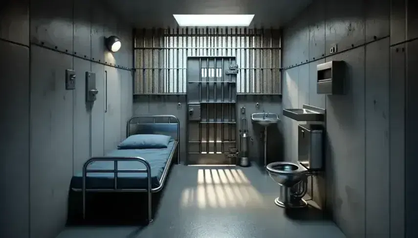 Interior of a prison cell with gray concrete walls, metal bed with blue mattress, steel toilet and small table with stool.