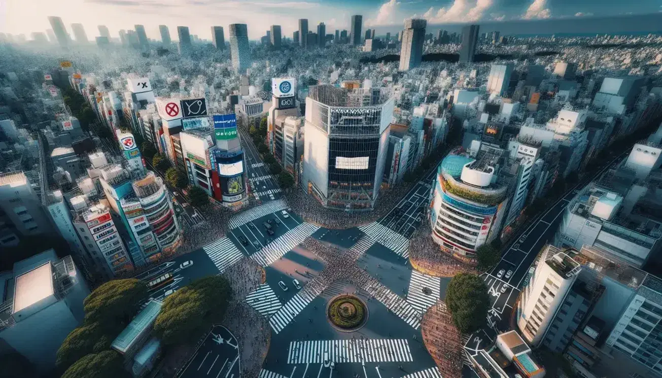 Vista aerea del famoso incrocio di Shibuya a Tokyo con pedoni, grattacieli e un parco, che riflette dinamismo e modernità urbana.