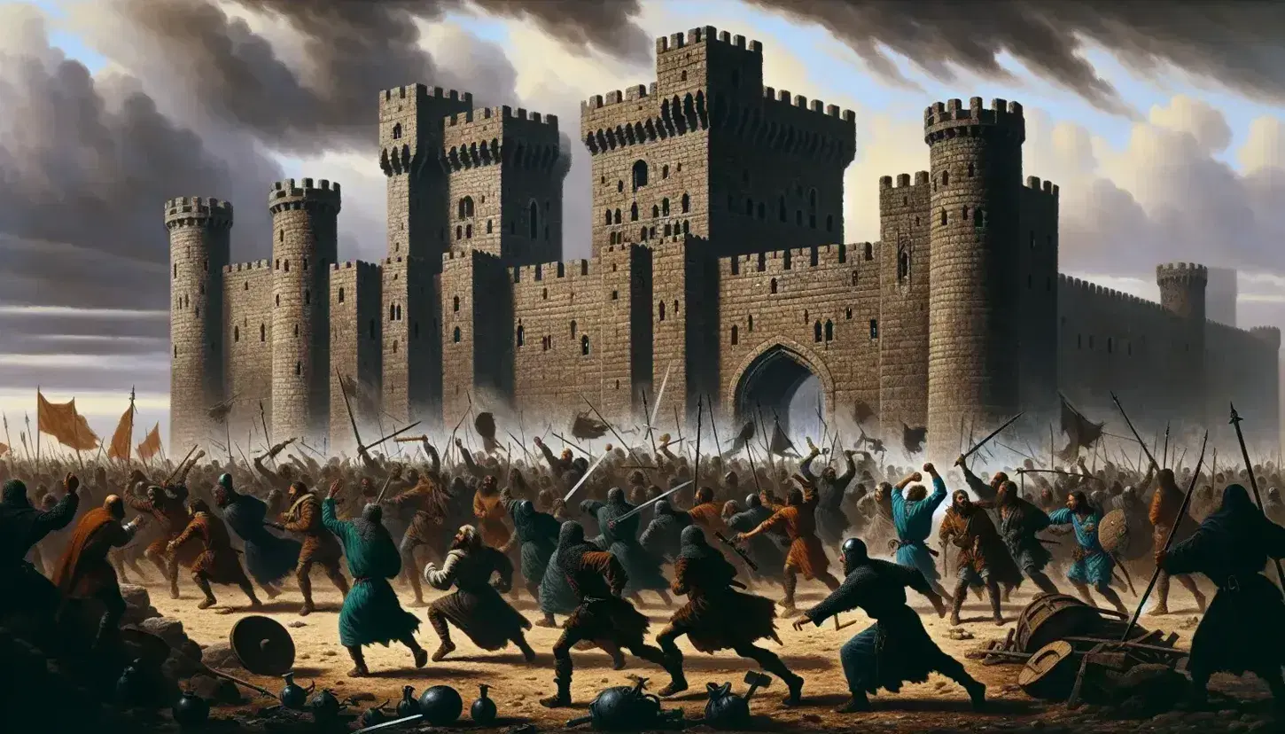 Folla in tumulto con armi rudimentali davanti a fortezza medievale in pietra sotto cielo nuvoloso.