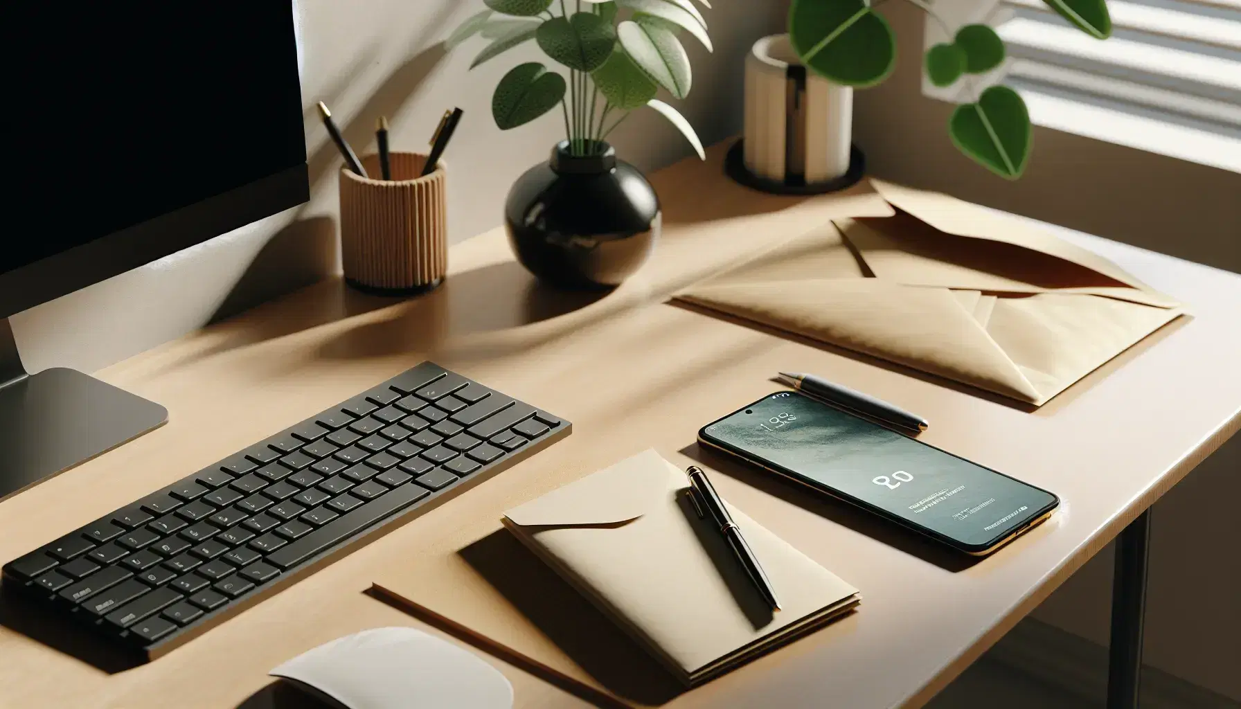 Escritorio de madera claro con teclado negro, smartphone boca abajo, sobre y bolígrafo azul oscuro, junto a planta verde en maceta blanca, ambiente de trabajo ordenado.