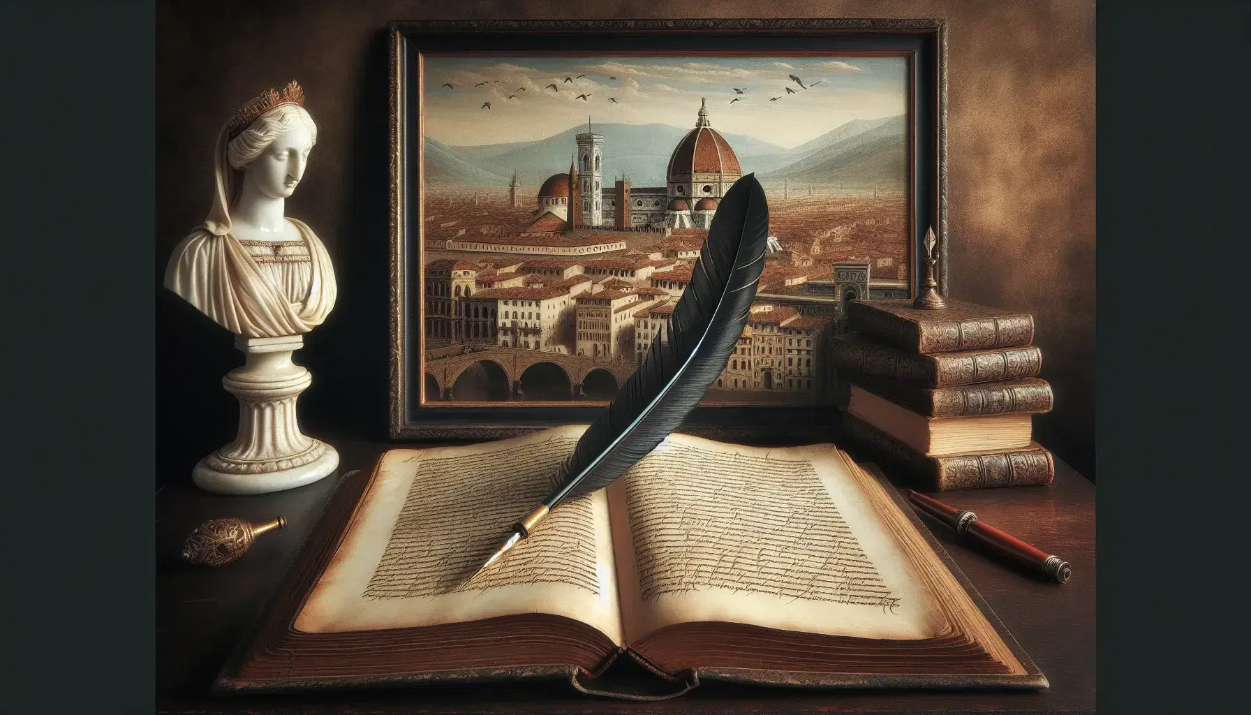 Libro antico aperto su tavolo scuro con penna d'oca e statuetta marmorea rinascimentale, sfondo di dipinto cittadino rinascimentale.
