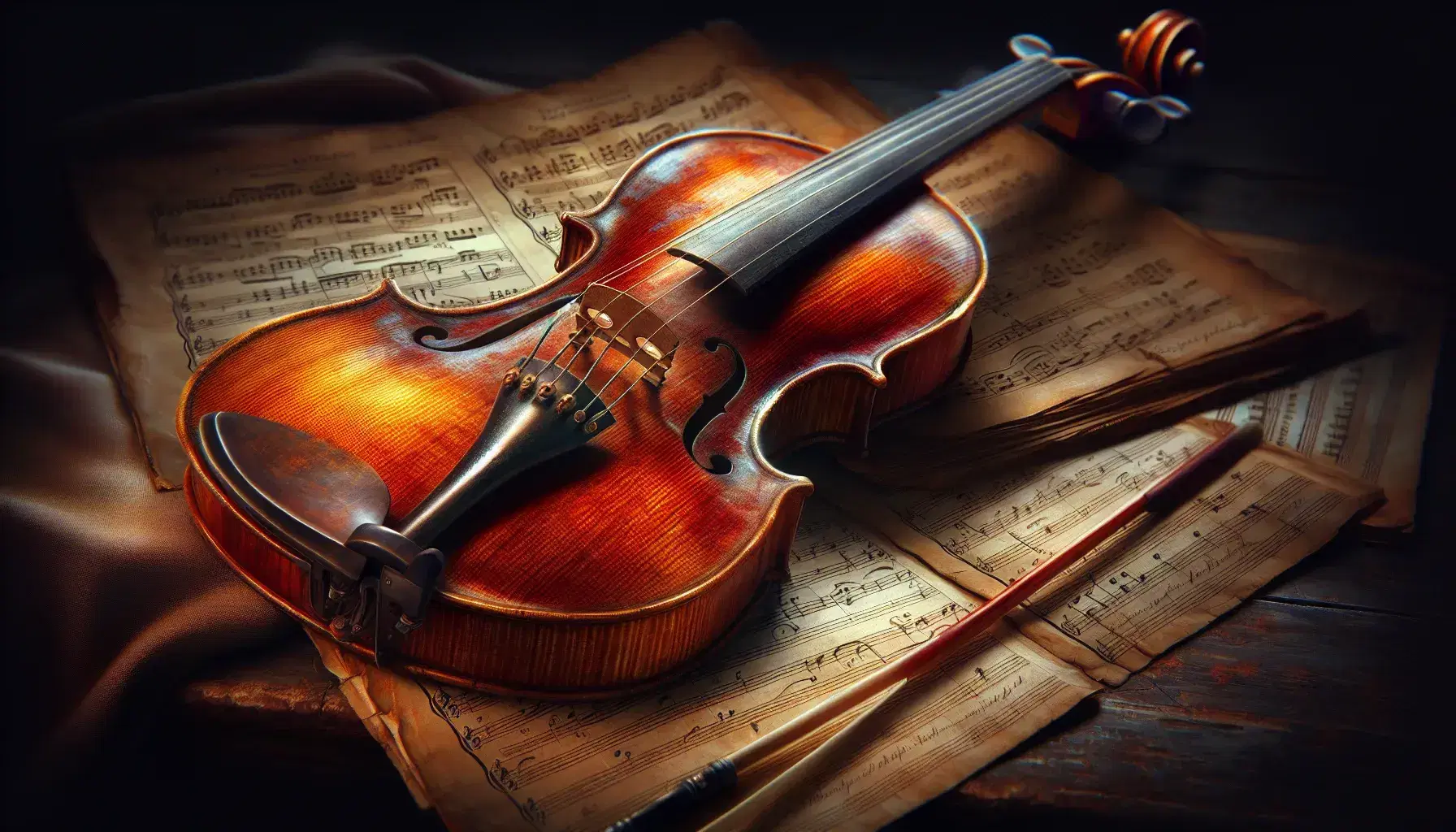 Violino barocco lucido su spartito antico con pagine ingiallite e note manoscritte, sfondo sfocato con arco barocco.