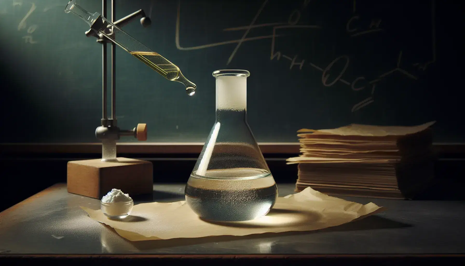 Glass flask on laboratory bench with clear liquid and bubbles, dropper with yellow liquid on top, white crystalline powder on paper.