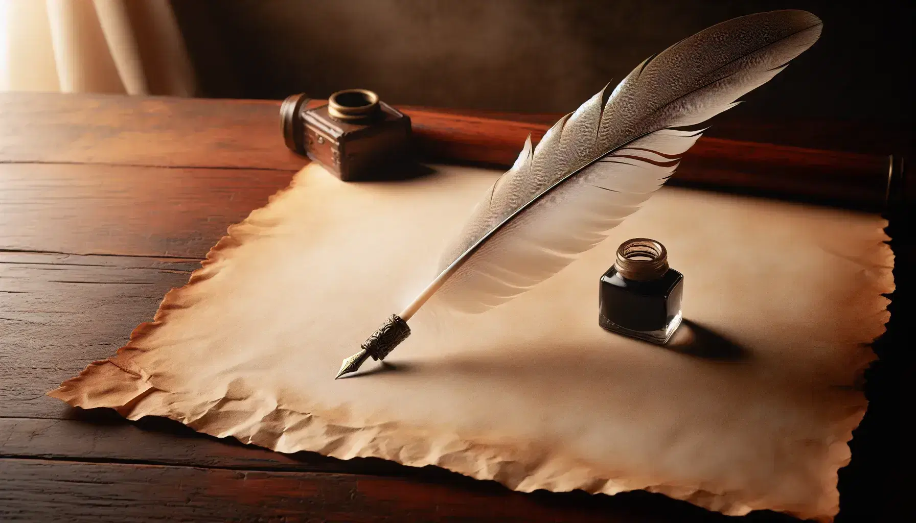 Quill pen on aged parchment with curled edge, beside a brass inkwell on a polished wooden desk, evoking a vintage writing scene.