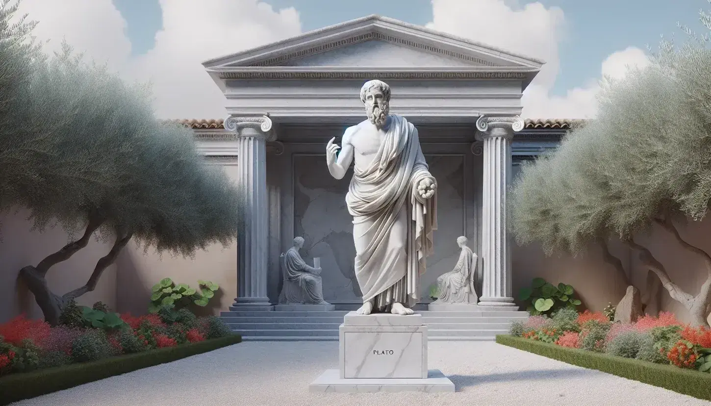 Statua in marmo di Platone con toga drappeggiata e mano alzata, in un giardino con colonne greche, cielo azzurro e ulivo.