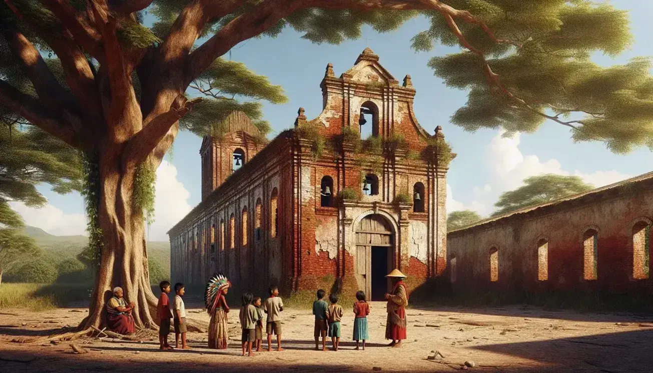 Weathered brick missionary school with bell tower, arched windows, and indigenous elder in traditional attire surrounded by children under a leafy tree.