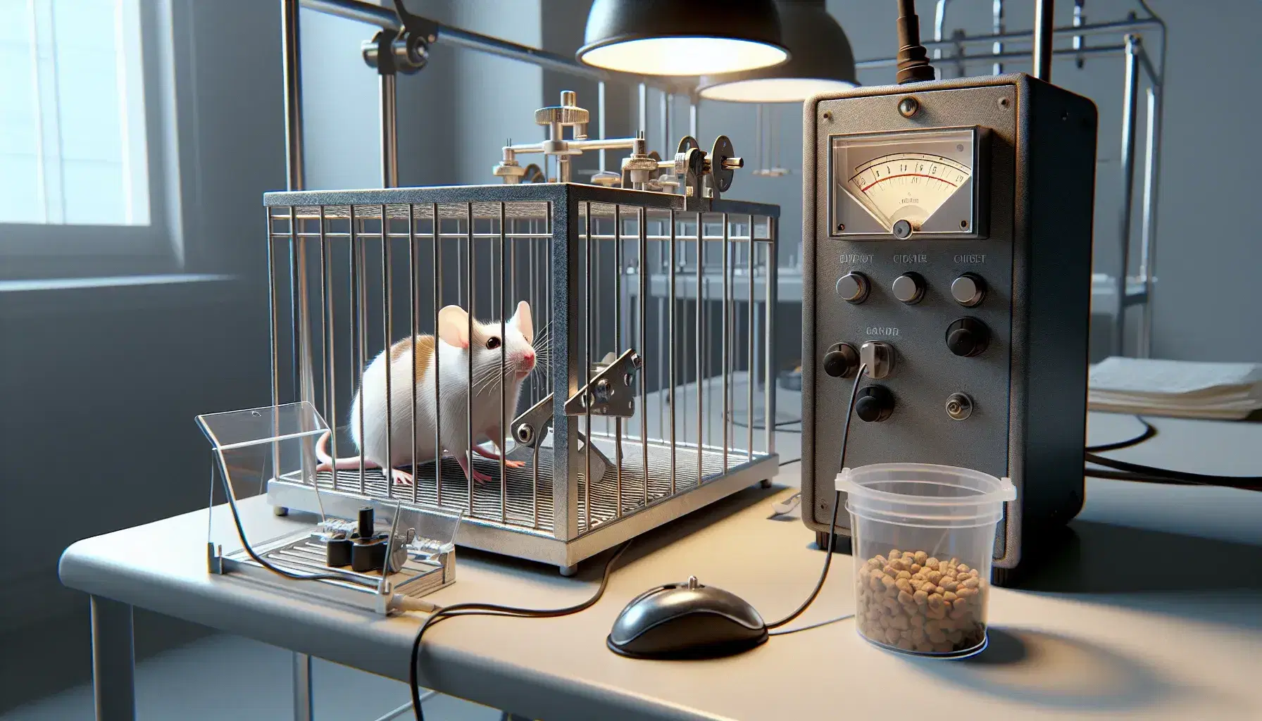 Laboratorio de psicología con ratón blanco y marrón en jaula frente a palanca y dispensador de comida, campana metálica y generador de tonos en fondo.