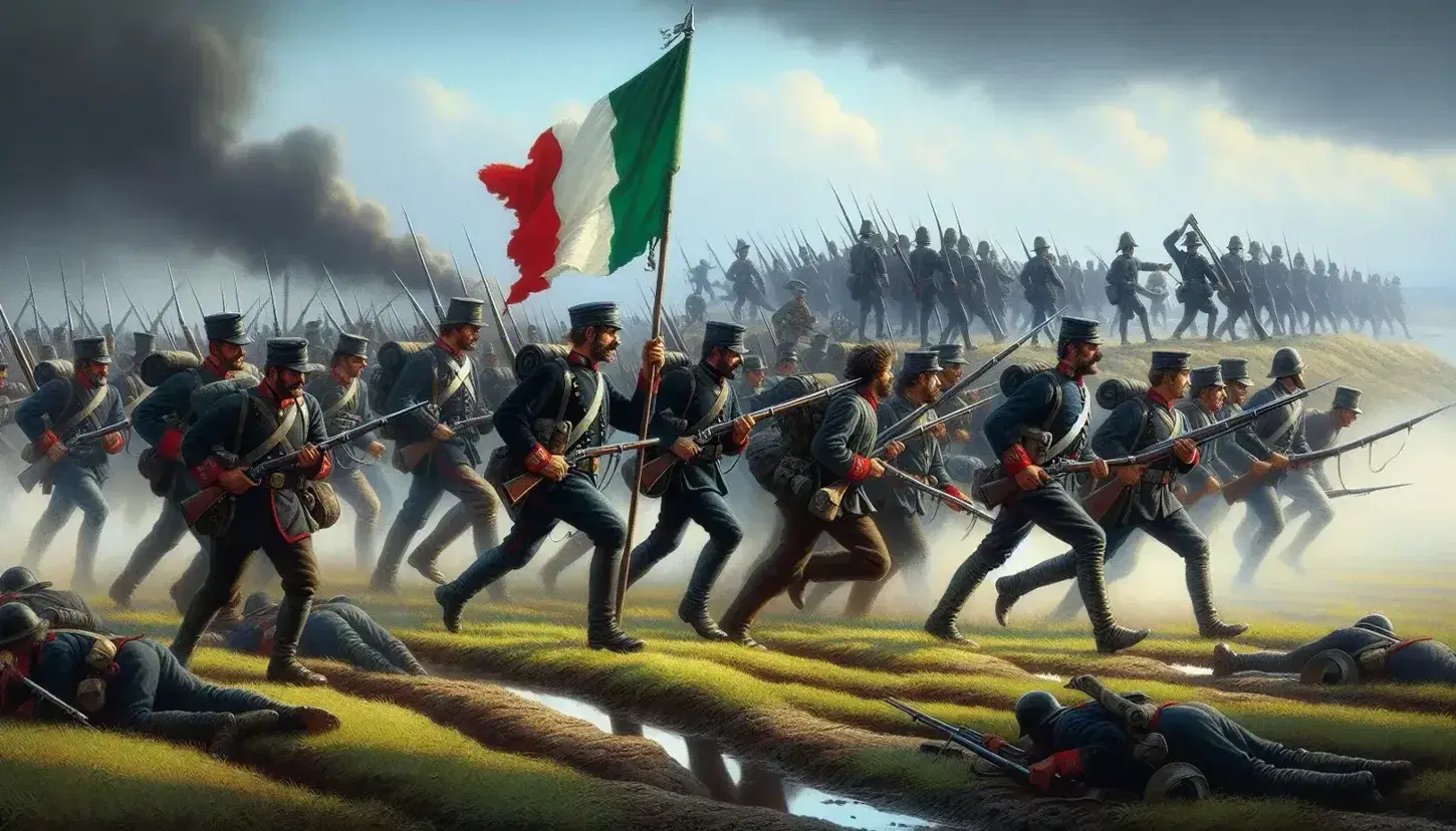 Soldati in uniforme dell'epoca avanzano con fucili e baionette, uno sventola la bandiera italiana su campo di battaglia della Seconda Guerra d'Indipendenza.