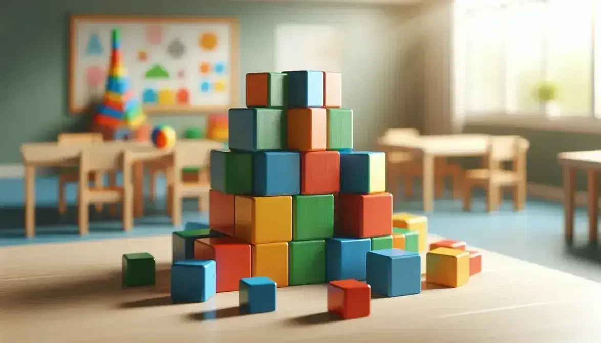 Torre di blocchi colorati in legno, con forme geometriche varie, su superficie chiara in ambiente scolastico sfocato.