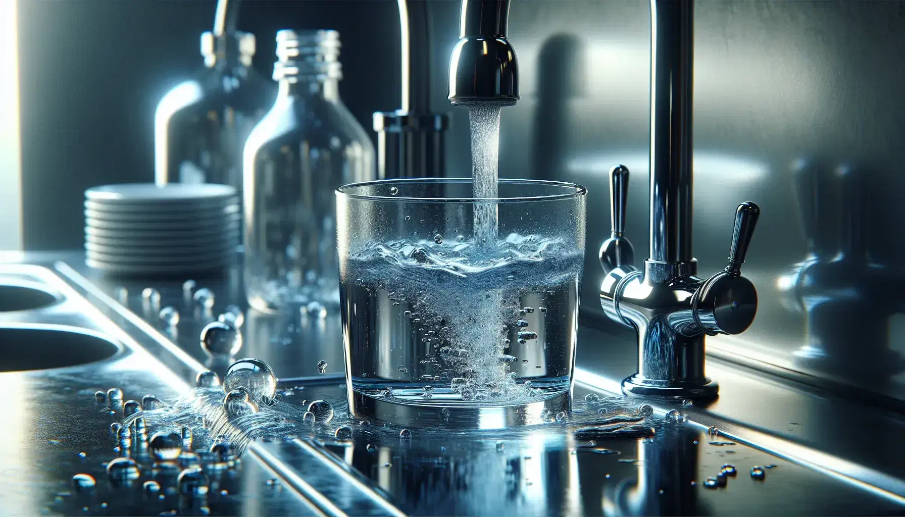 Grifo de metal cromado vertiendo agua cristalina en vaso transparente sobre superficie reflectante con fondo desenfocado de cocina.