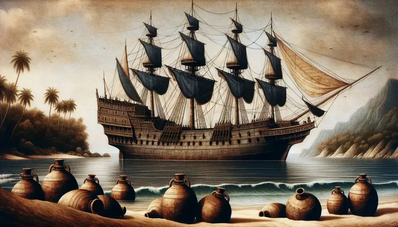 A serene bay scene with a three-masted carrack anchored, its sails furled, amid terracotta amphorae on shore, under a gradient sunset sky.