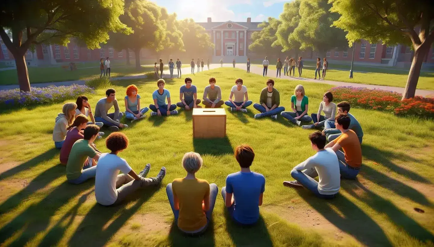 Grupo de adolescentes sentados en círculo en un parque con caja de sugerencias en el centro, escuchando a uno de ellos hablar, rodeados de árboles y un edificio escolar al fondo.
